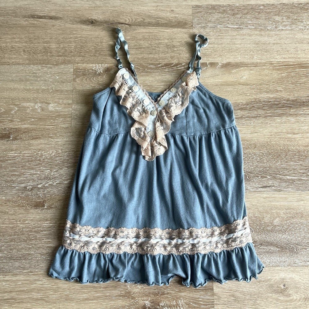 Y2K Lace Babydoll Top XS Baby Blue Lettuce Hem Spaghetti Strap Camisole Adjust